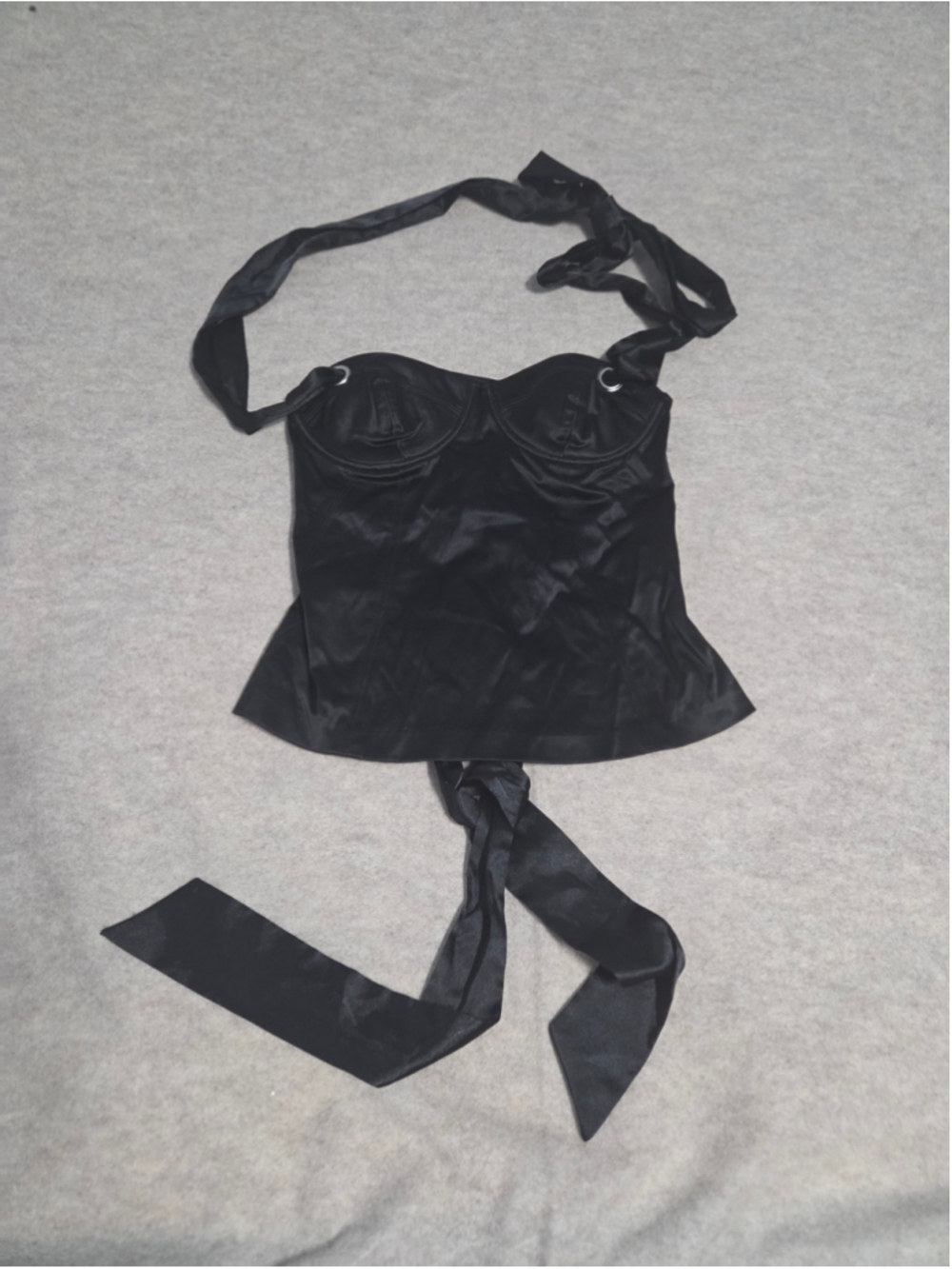 Y2K Black Satin Corset Halter Top Lace Up Back Bustier S